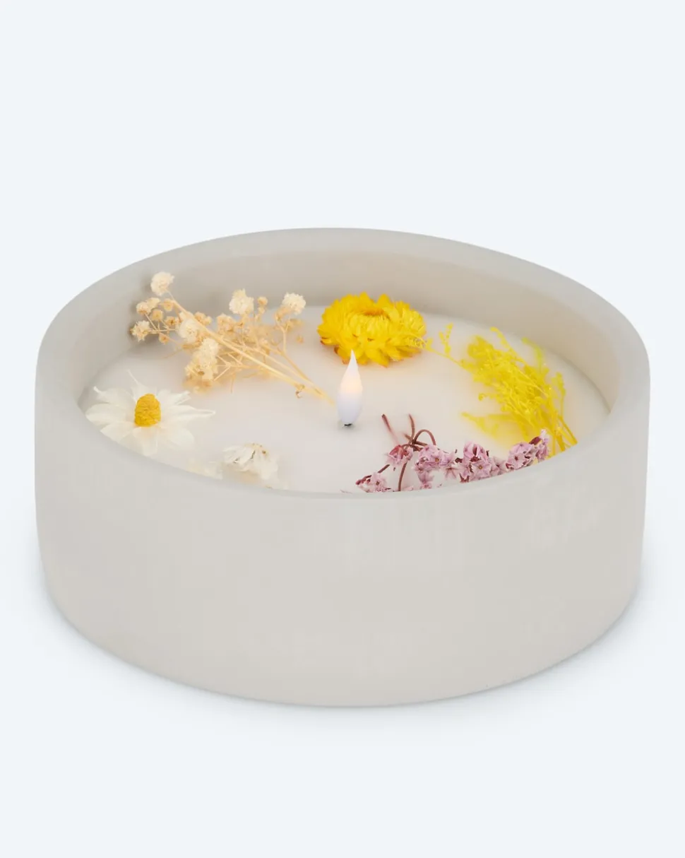 LED-Kerze Zement mit Blumen, groß
