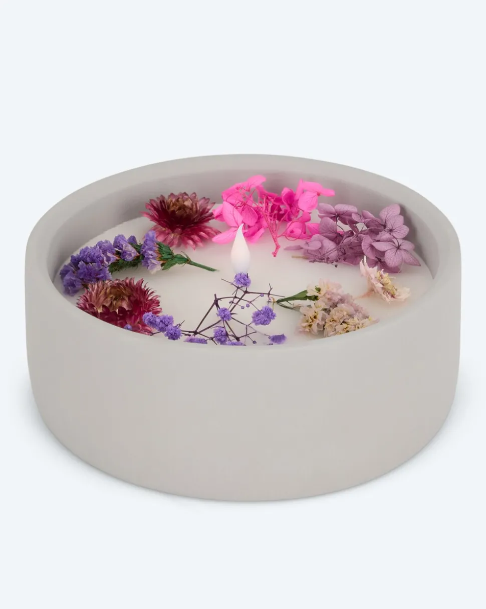 LED-Kerze Zement mit Blumen, groß