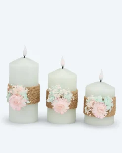 3 LED-Stumpenkerzen mit Blumen-Deko
