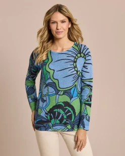 Pullover in Ajour-Strick, bedruckt