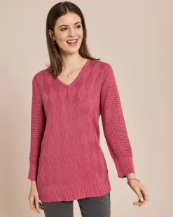 Pullover mit Ajour-Ärmel und Karo-Struktur
