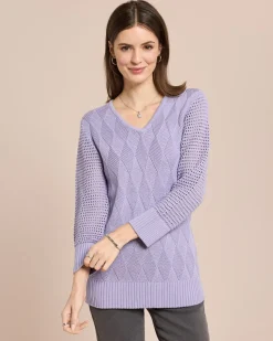 Pullover mit Ajour-Ärmel und Karo-Struktur