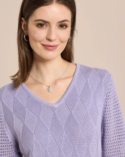 Pullover mit Ajour-Ärmel und Karo-Struktur