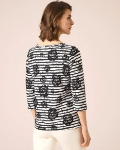 Shirt mit Blumen- und Streifendruck